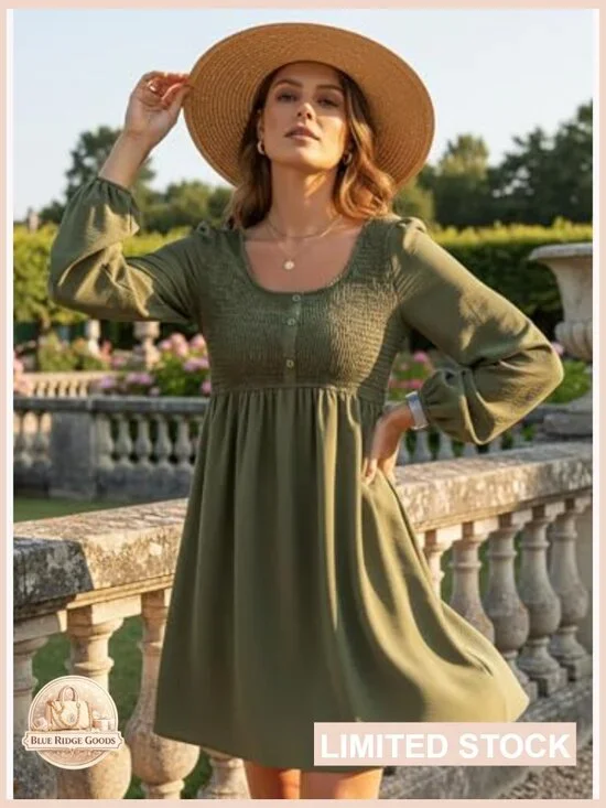 Long Sleeve Smocked Empire Waist A-Line Mini Dress Casual Elegant Chic - Picture 3 of 7